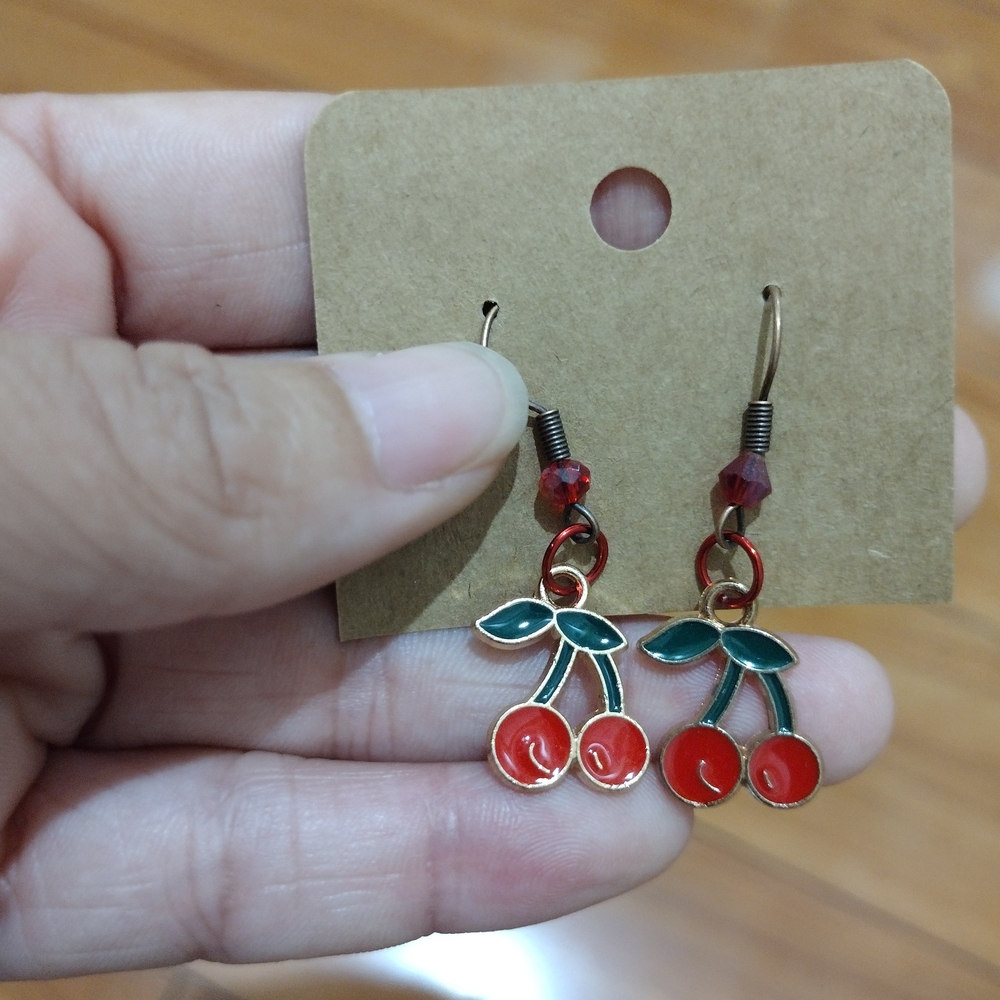 Cherry Dangle Earrings in Red and Gold